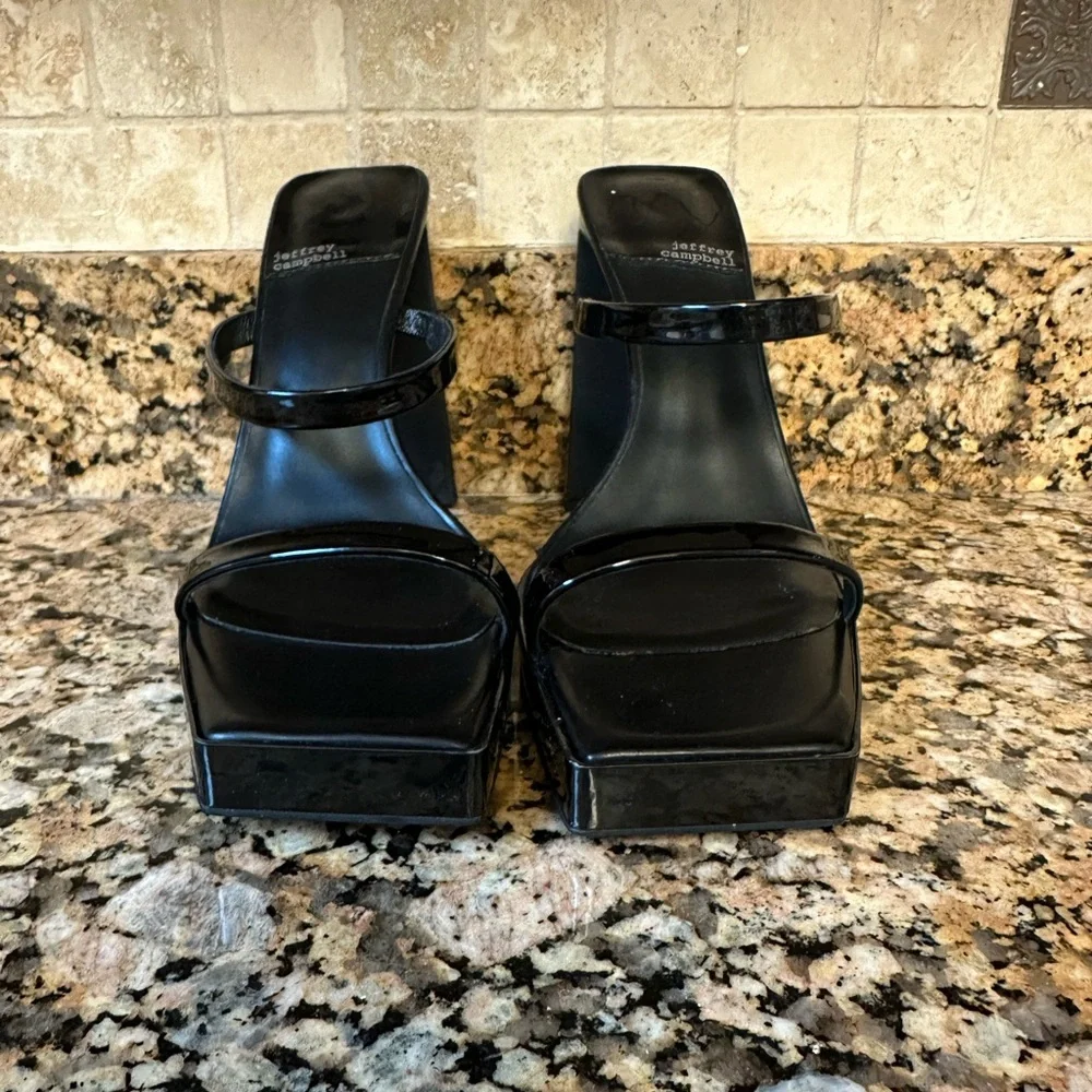 Jeffrey Campbell Hustler Platform Sandal Patent Black Leather Women‎ Size 11
